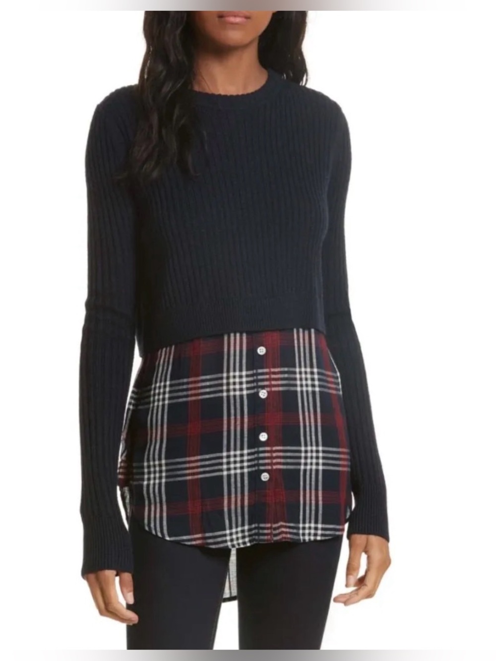 Veronica Beard Garrett Navy Preppy Plaid Layered 2-in-1 Sweater Button-Up Top